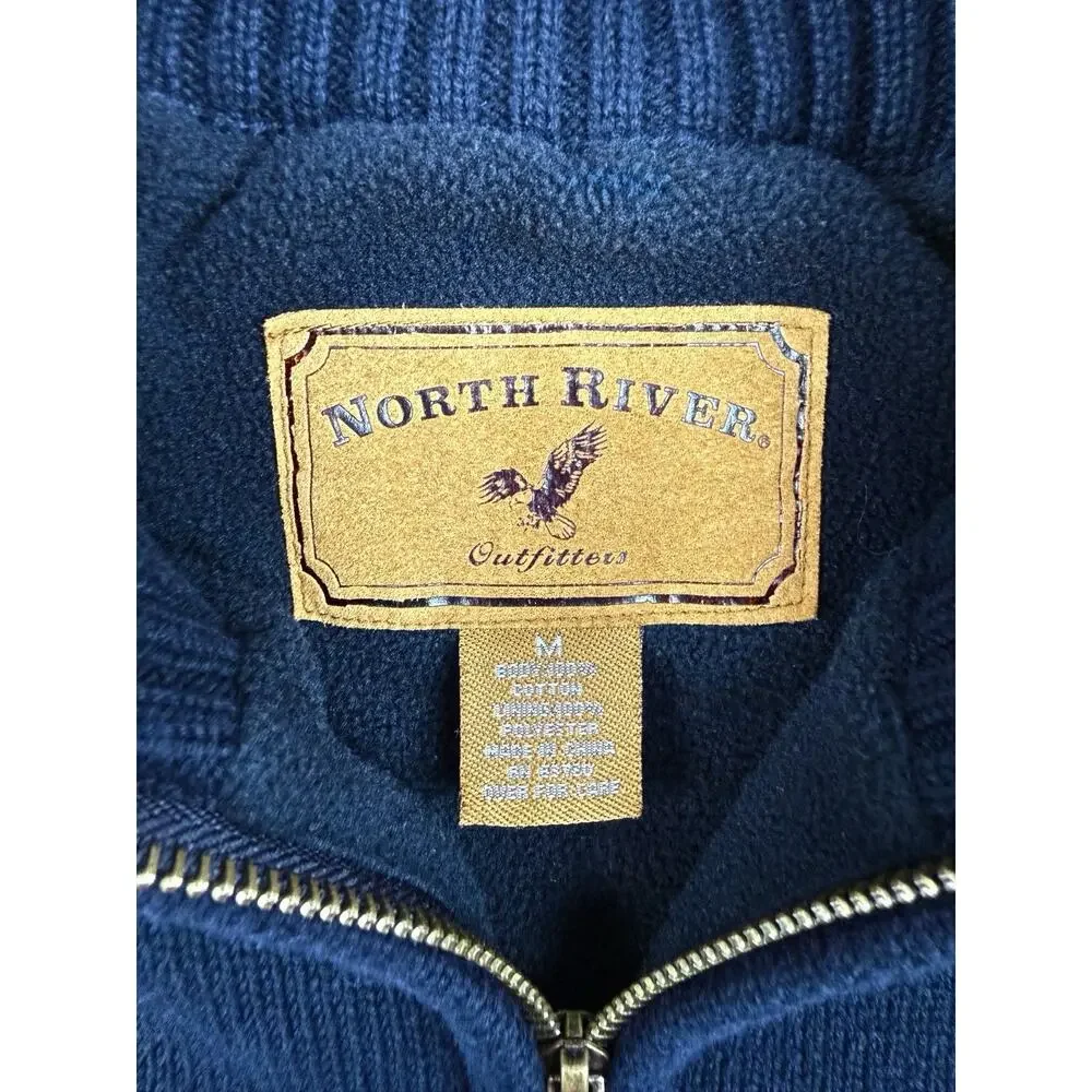 North River Sweater Jacket Mens M Full Zip Black Beige Suede Shoulder Lined